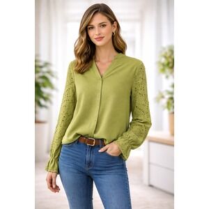 Forgotten Grace Green Eyelet Blouse L | Boho Button-Front Long Sleeve.
